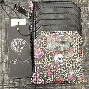 Ed Hardy Black and Pink Floral Skull Card Holder